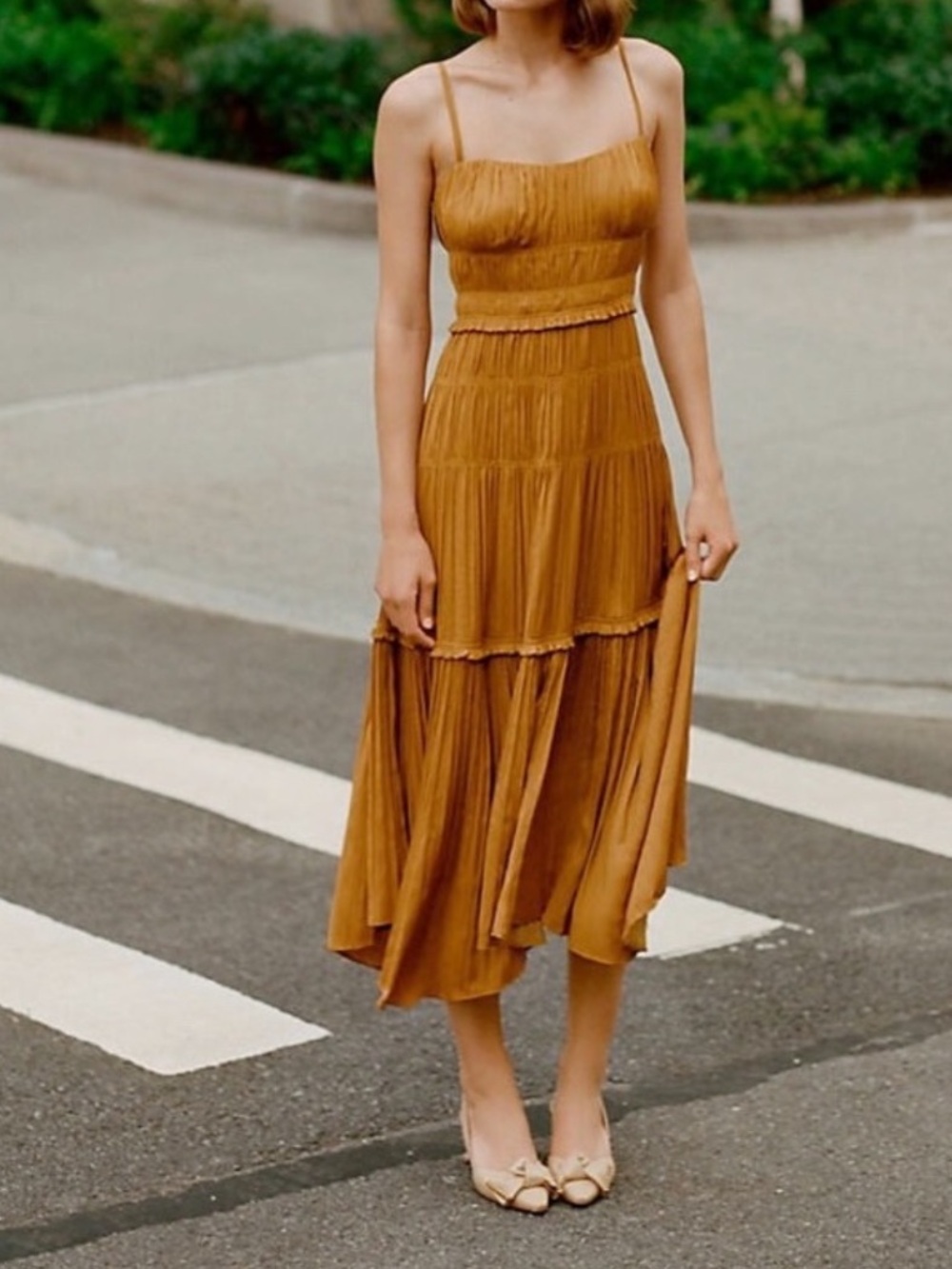 Anthropologie Ruched Tiered Satin Slip Thin Strap Midi Dress size 2
